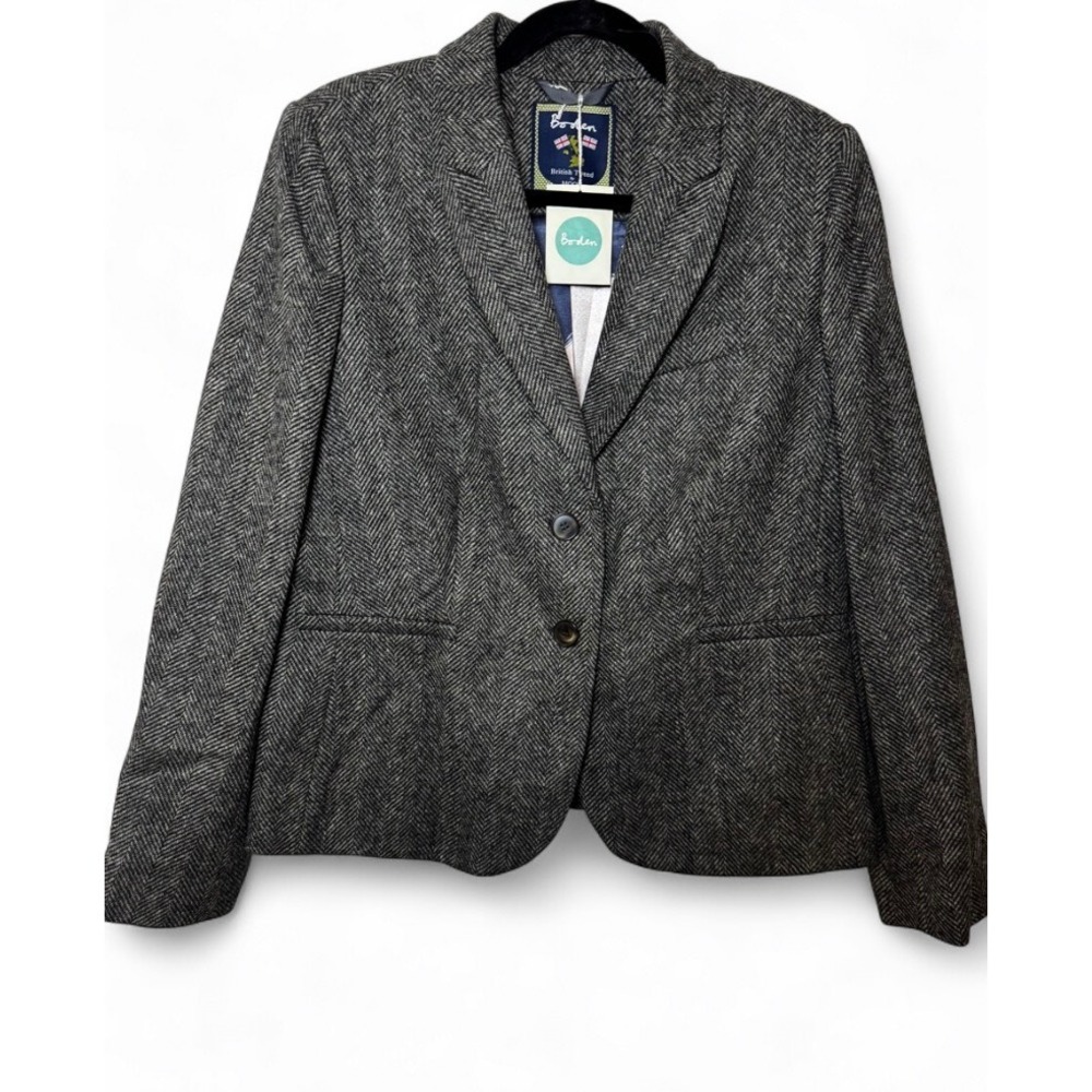 Boden British Tweed Wool Blazer Grey Herringbone Polka Dot Lining NWT Size 12R
